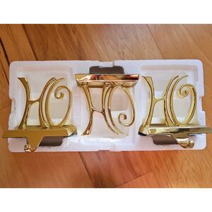 3 Pottery barn Ho Ho Ho Stocking Holders In Original Box Christmas Brass golden